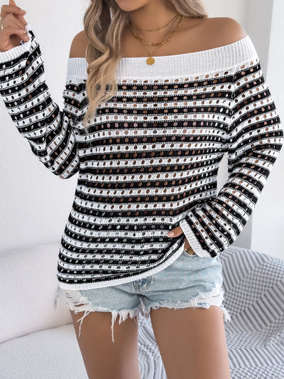 Openwork Striped Off-Shoulder Knit Top - Byyde