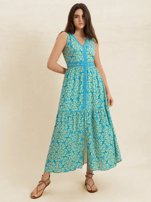 Slit Printed V-Neck Sleeveless Dress - Byyde