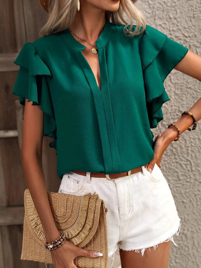 Ruffle Sleeve Notched Blouse - Byyde
