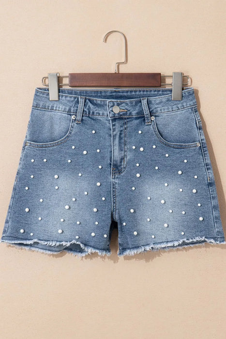 Pearl Beaded Raw Hem Wash Denim Shorts - Byyde