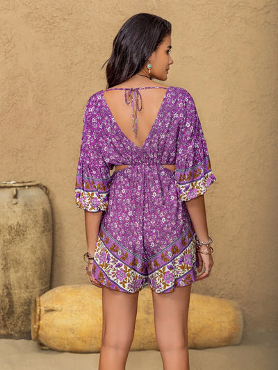 Tied Front Cutout Printed Romper - Byyde