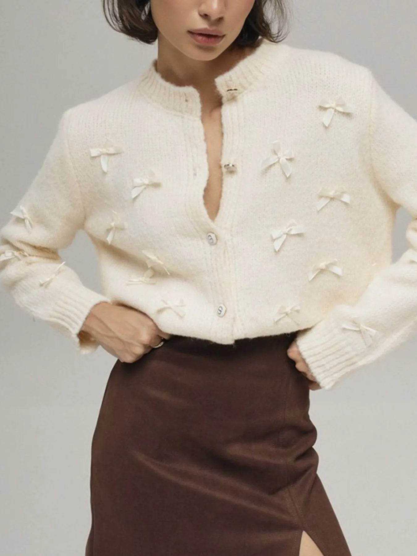 Bow Button Up Long Sleeve Cardigan - Byyde