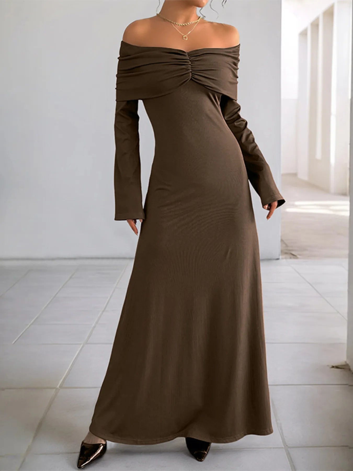 Off-Shoulder Long Sleeve Bodycon Maxi Dress - Byyde