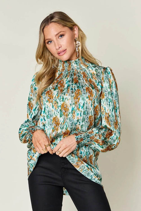 Double Take Full Size Printed Smocked Long Sleeve Blouse - Byyde