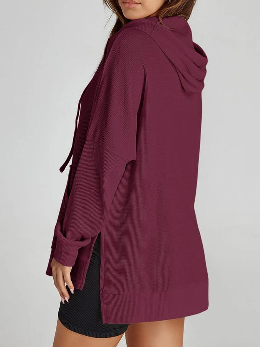 Slit Drawstring Waffle Knit Hoodie - Byyde