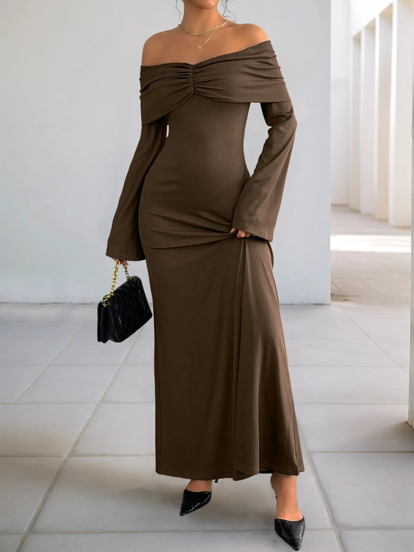 Off-Shoulder Long Sleeve Bodycon Maxi Dress - Byyde