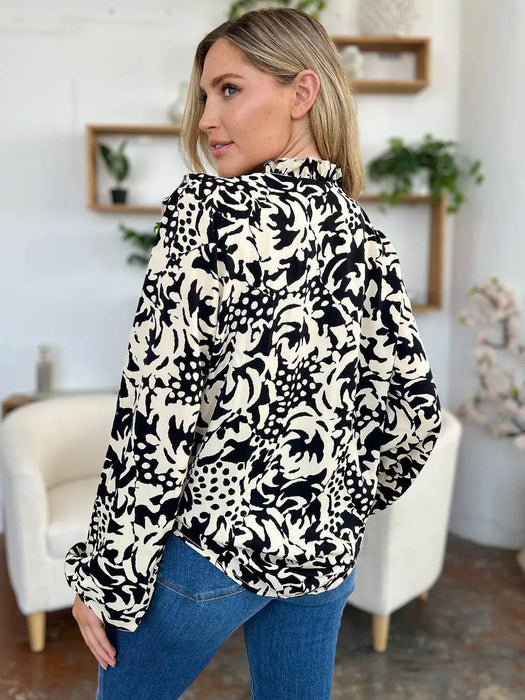 Double Take Full Size Printed Ruffle Trim Balloon Sleeve Shirt - Byyde