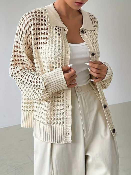 Hollow Out Knit Button Front Cardigan - Byyde