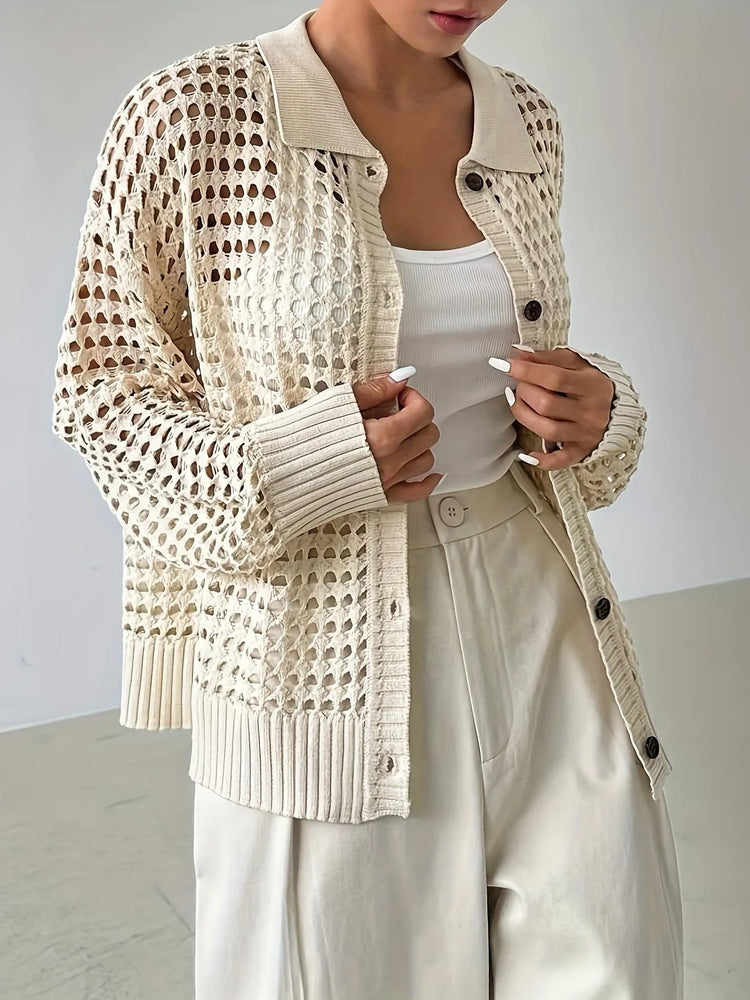Hollow Out Knit Button Front Cardigan - Byyde