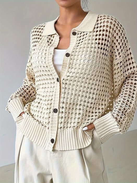 Hollow Out Knit Button Front Cardigan - Byyde
