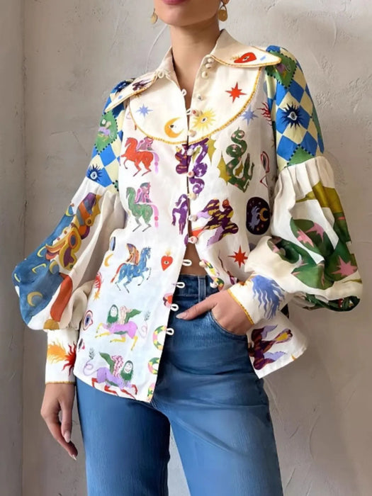 Printed Button Up Lantern Sleeve Shirt - Byyde