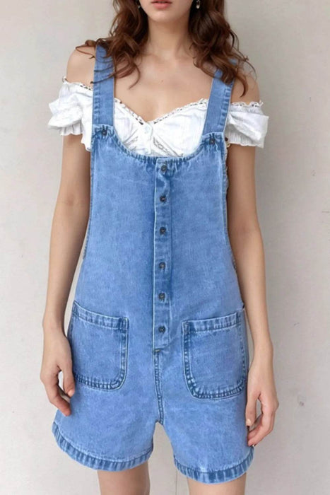 Button Front Denim Overall Shorts with Front Pockets - Byyde