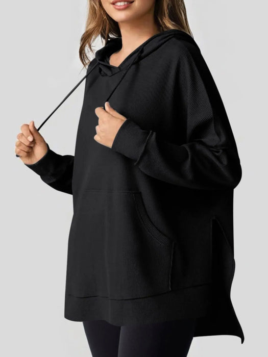 Slit Drawstring Waffle Knit Hoodie - Byyde