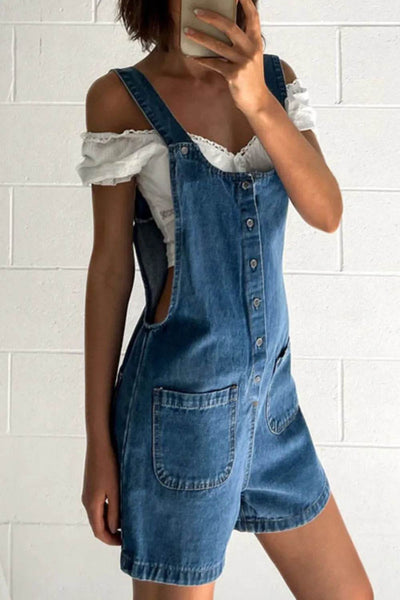 Button Front Denim Overall Shorts with Front Pockets - Byyde