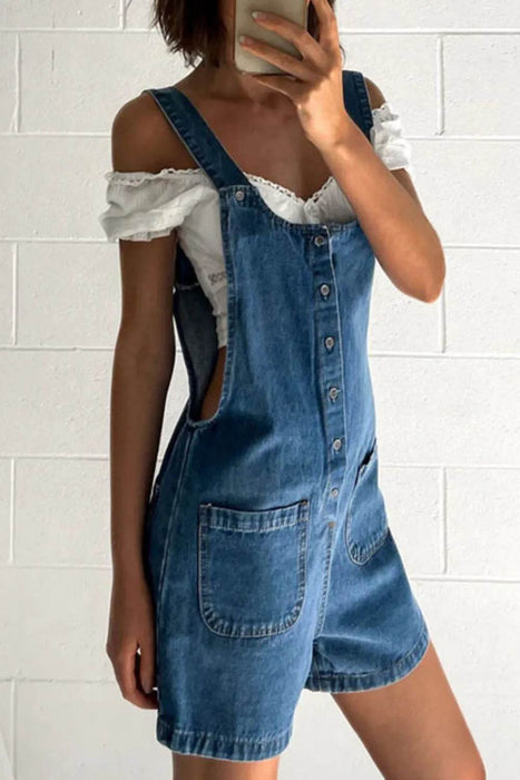 Button Front Denim Overall Shorts with Front Pockets - Byyde