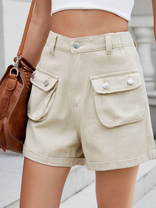 High Waist Cargo Denim Shorts with Multi Pockets - Byyde