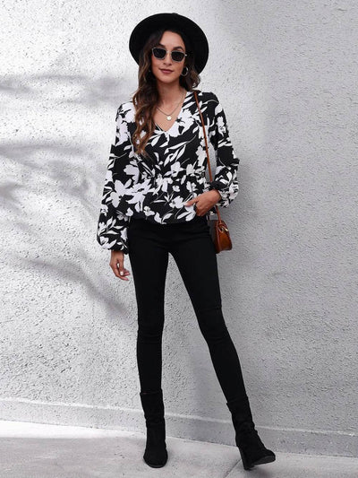 Floral V-Neck Balloon Sleeve Peplum Blouse - Byyde