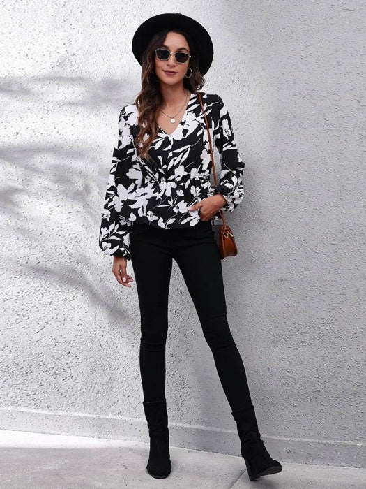 Floral V-Neck Balloon Sleeve Peplum Blouse - Byyde