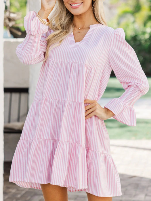 Striped Tiered Flounce Sleeve Shirt Dress - Byyde