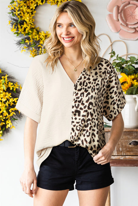 Leopard Color Block V-Neck Blouse - Byyde
