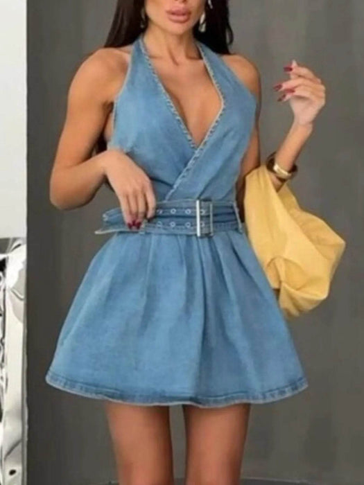 Halter Neck Belted Denim Mini Dress - Byyde
