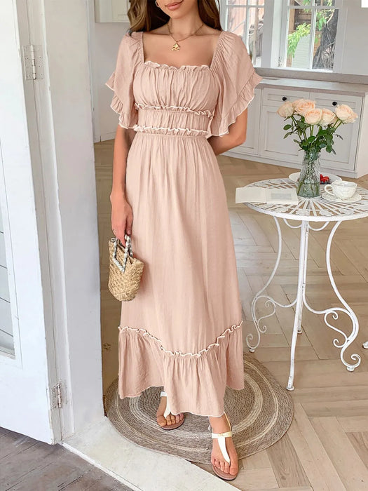 Square Neck Puff Sleeve Ruffle Trim Maxi Dress - Byyde