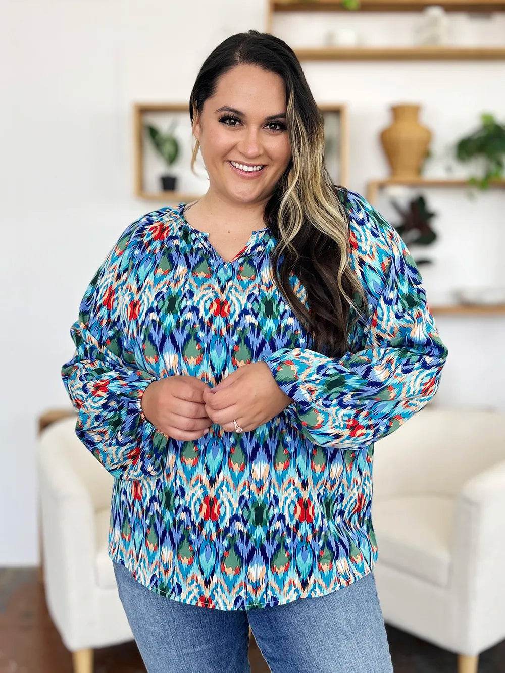 Double Take Full Size Printed Balloon Sleeve Blouse - Byyde