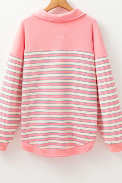 Striped Johnny Collar Long Sleeve Sweatshirt - Byyde