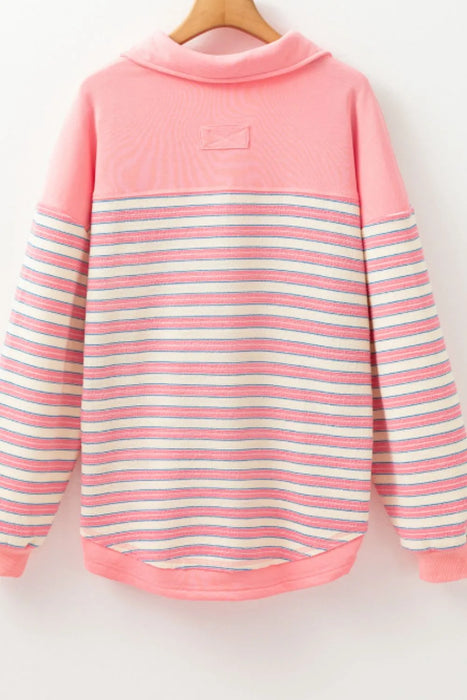 Striped Johnny Collar Long Sleeve Sweatshirt - Byyde