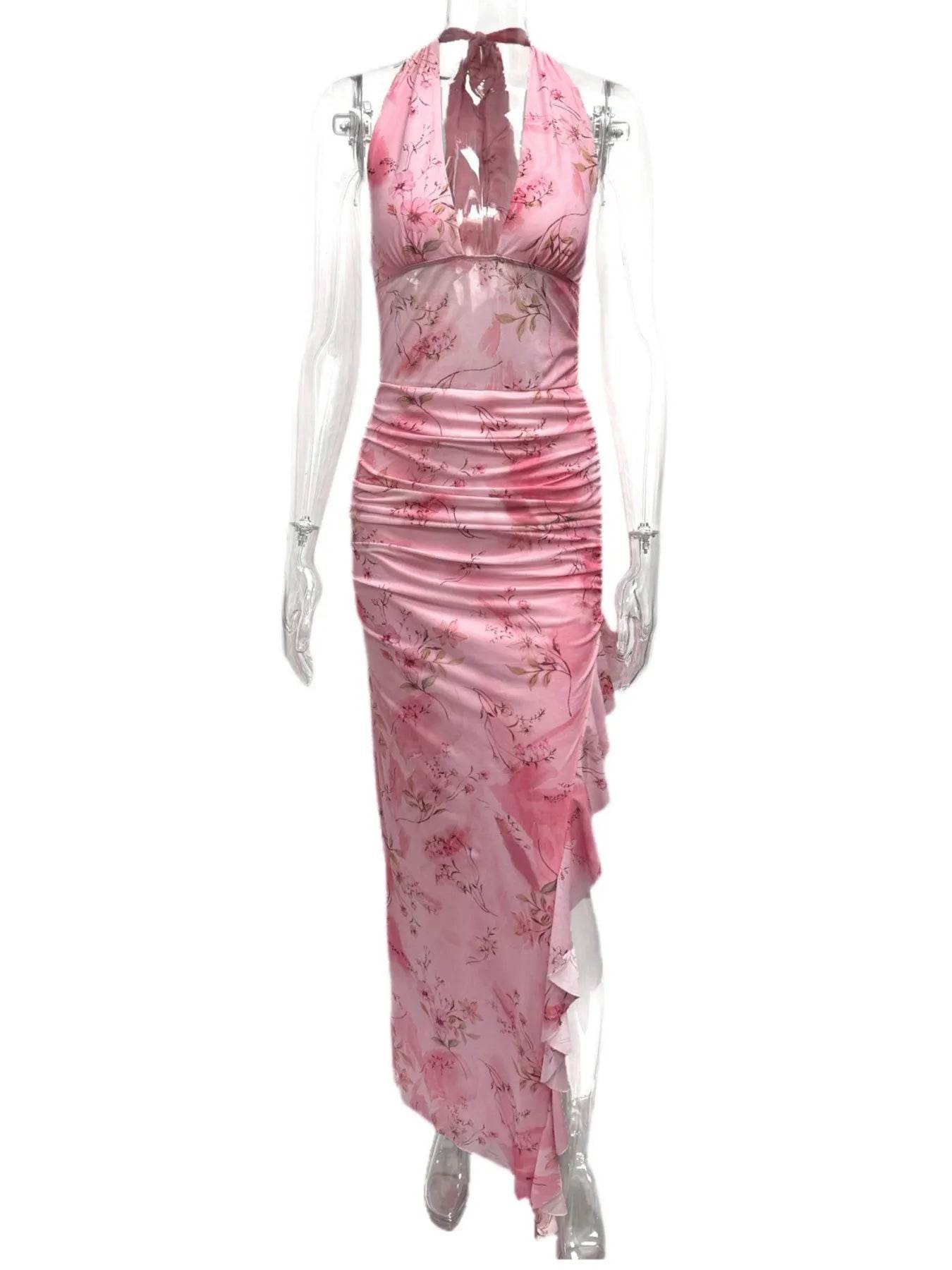 Ruffled Floral Print Halter Neck Cami Dress - Byyde