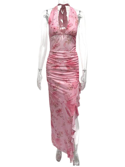 Ruffled Floral Print Halter Neck Cami Dress - Byyde