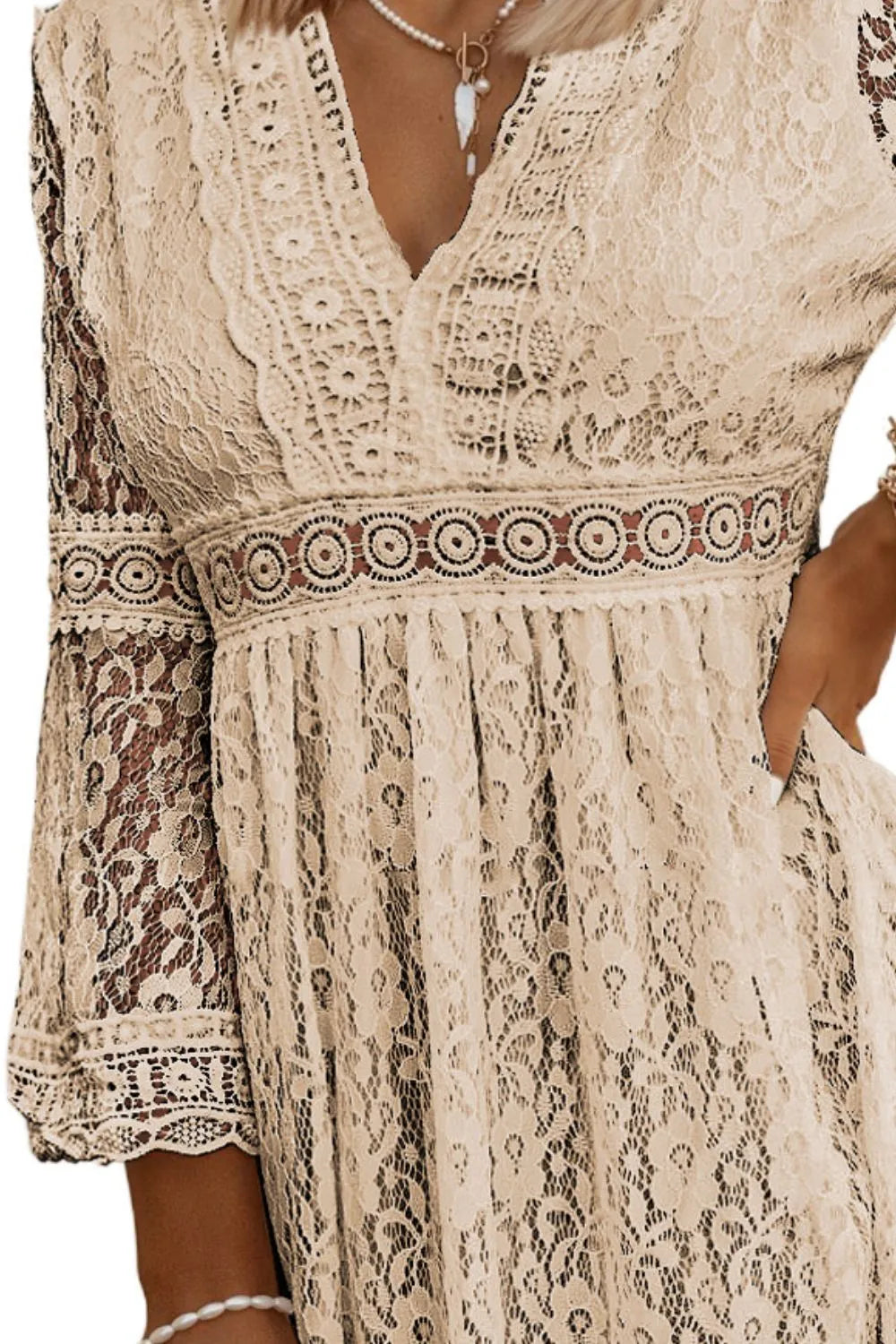 Lace V-Neck Three-Quarter Sleeve Dress - Byyde