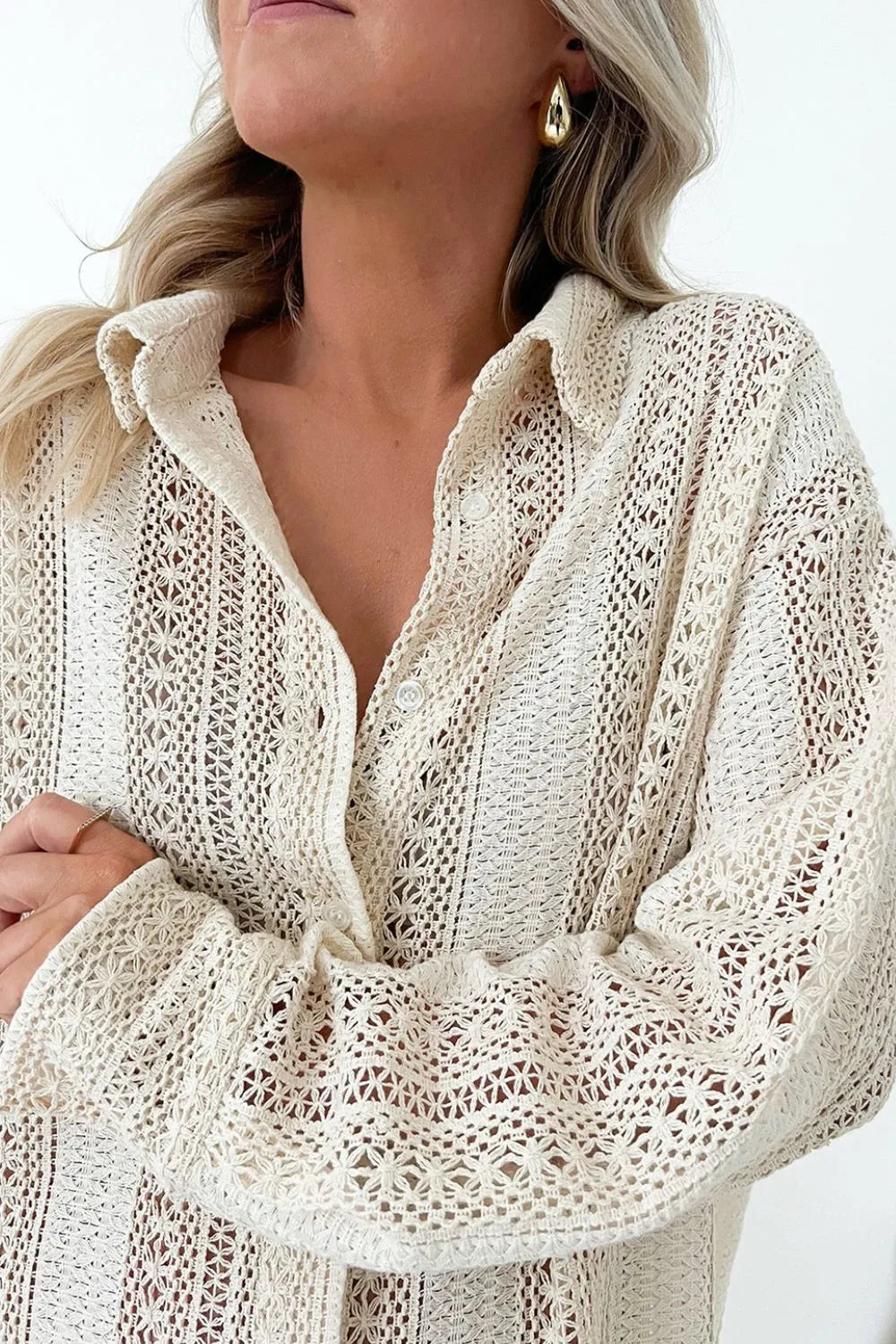 Lace Crochet Collared Neck Oversized Shirt - Byyde