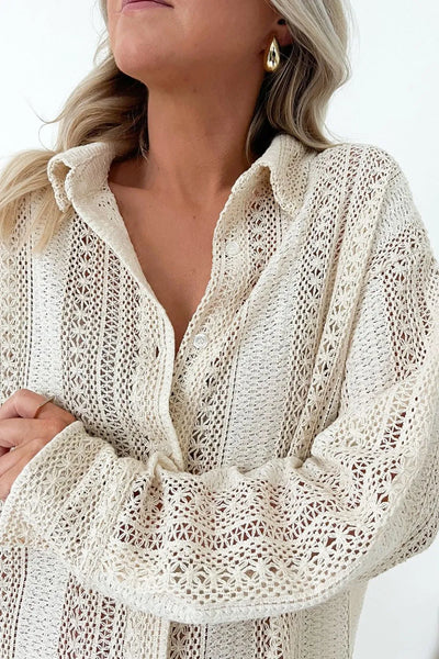 Lace Crochet Collared Neck Oversized Shirt - Byyde