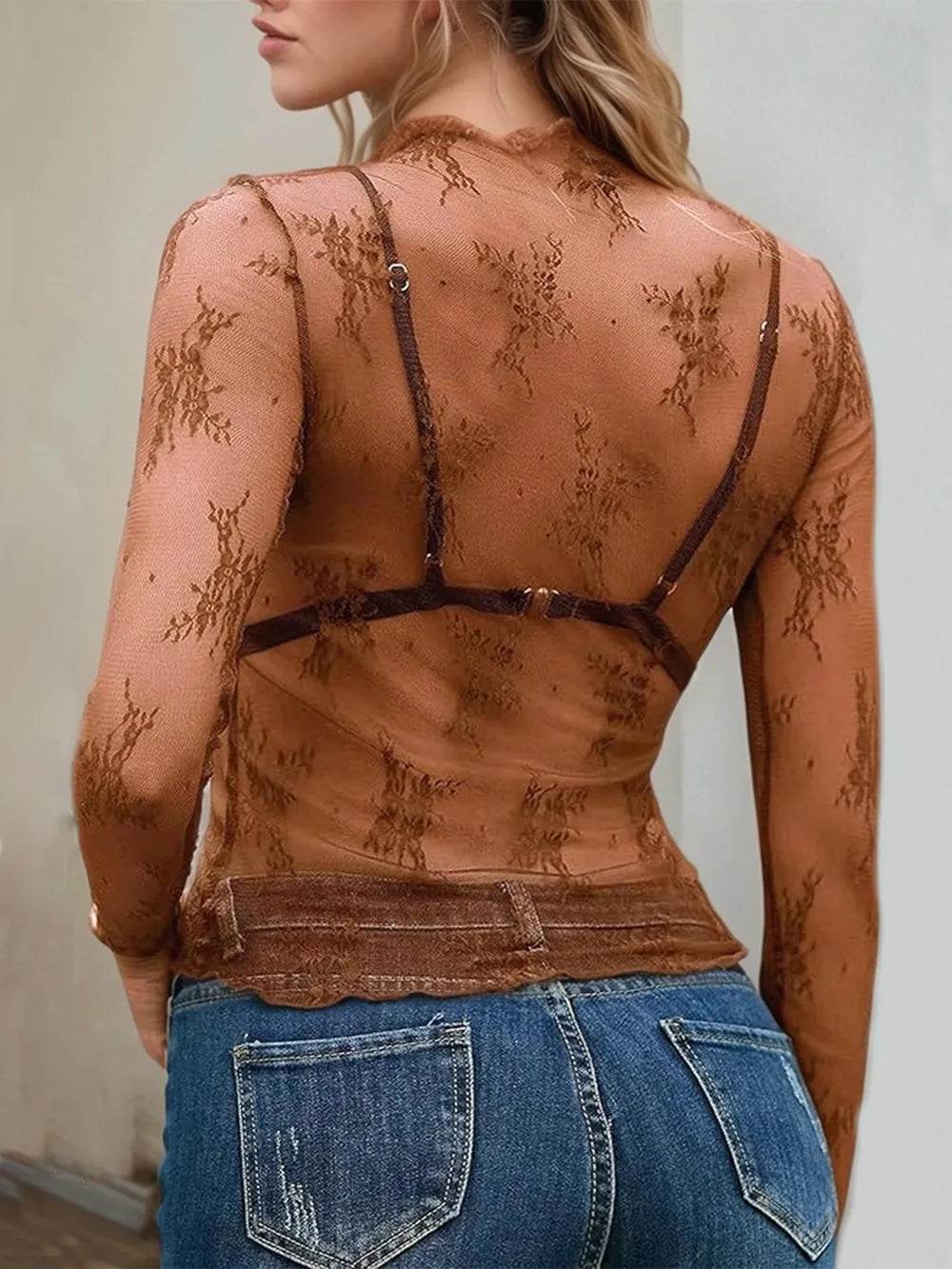 Floral Mock Neck Long Sleeve Mesh Top - Byyde