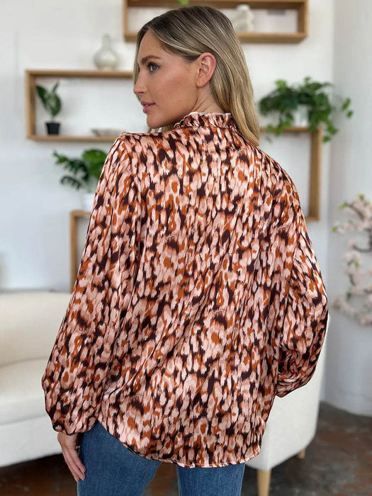 Double Take Full Size Printed Ruffle Trim Balloon Sleeve Shirt - Byyde