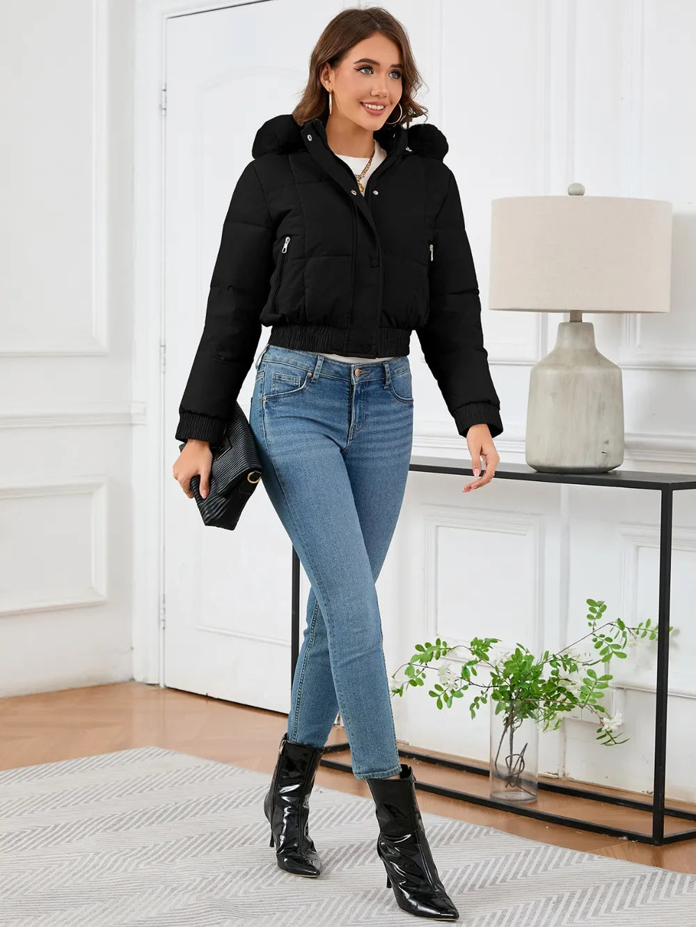 Pocketed Long Sleeve Cropped Hooded Winter Coat - Byyde