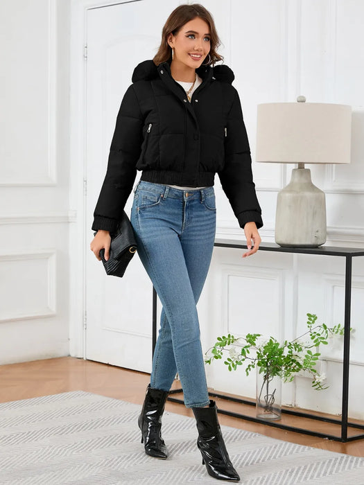 Pocketed Long Sleeve Cropped Hooded Winter Coat - Byyde