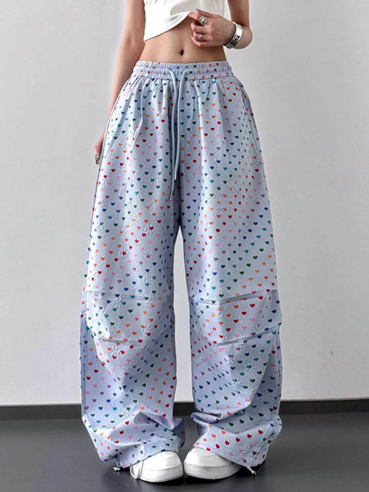 Heart Print Drawstring Wide Leg Pants - Byyde