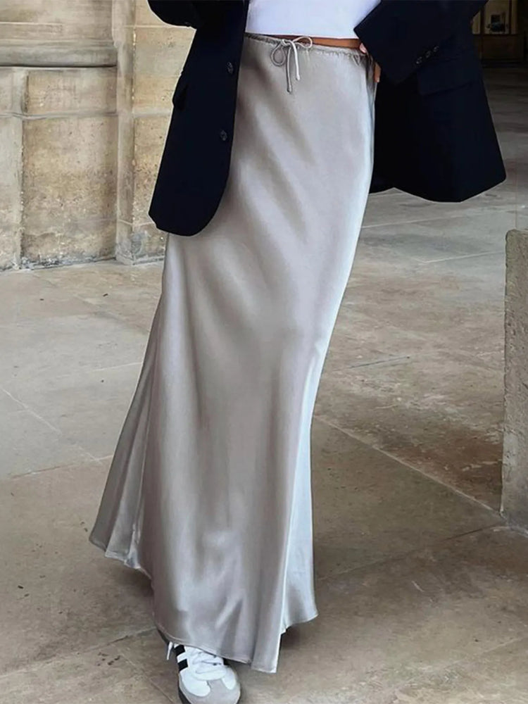 Satin Maxi Skirt with Drawstring Waist - Byyde