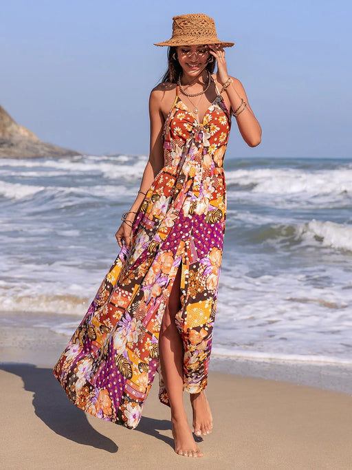Slit Printed Halter Neck Cami Dress - Byyde