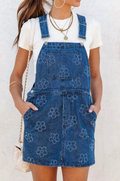 Flower Print Square Neck Denim Overall Dress - Byyde