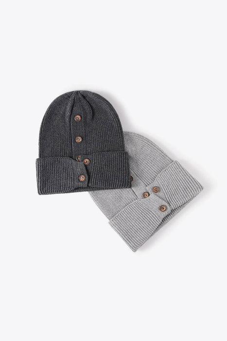 Button Detail Rib-Knit Cuff Beanie - Byyde