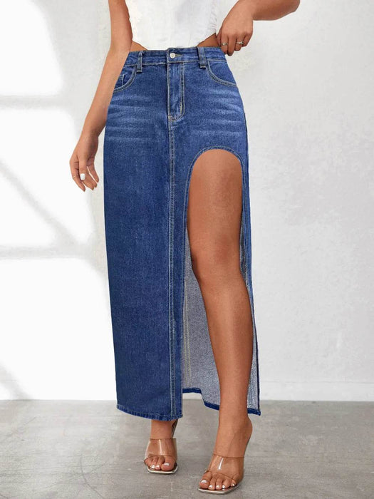 High Rise Slit Denim Skirt - Byyde