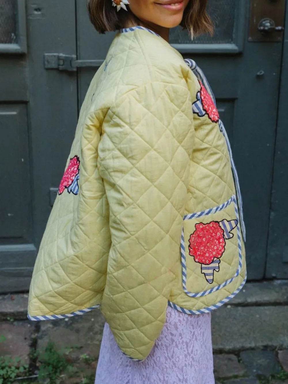 Embroidered Flower Tied Long Sleeve Winter Coat - Byyde