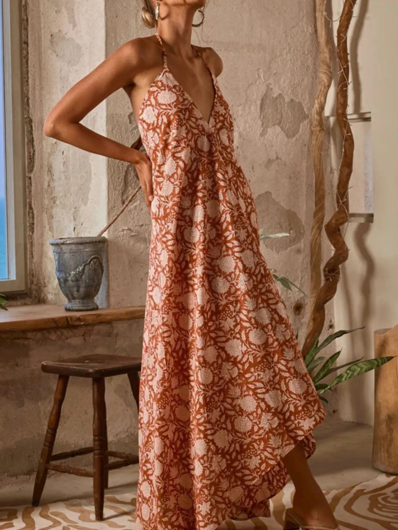 Printed Halter Neck Maxi Cami Dress - Byyde