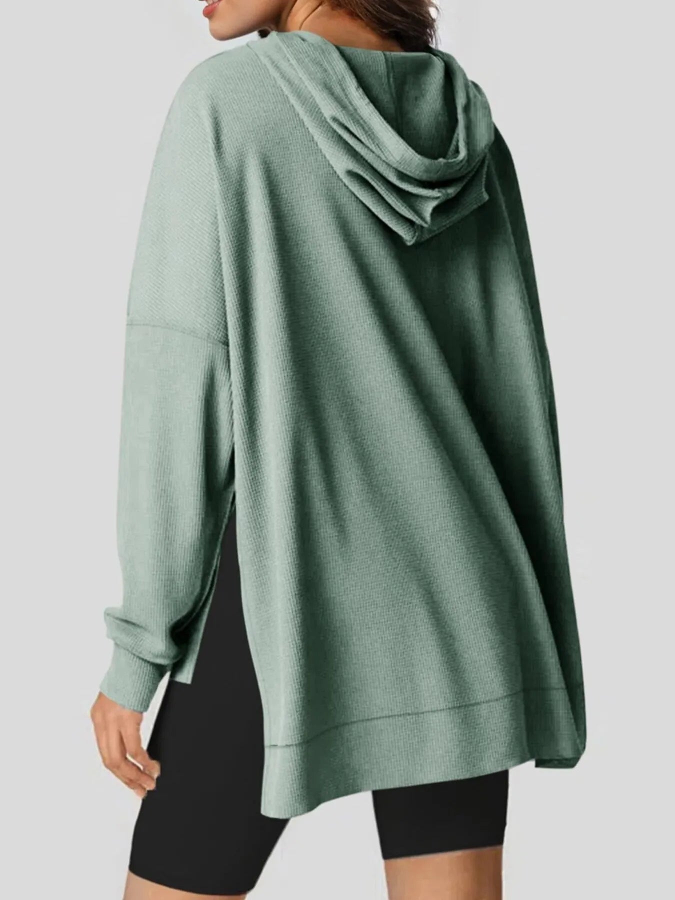 Slit Drawstring Waffle Knit Hoodie - Byyde
