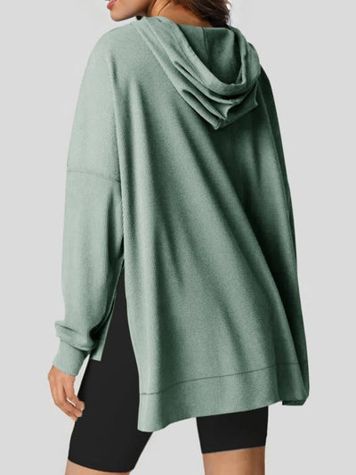 Slit Drawstring Waffle Knit Hoodie - Byyde
