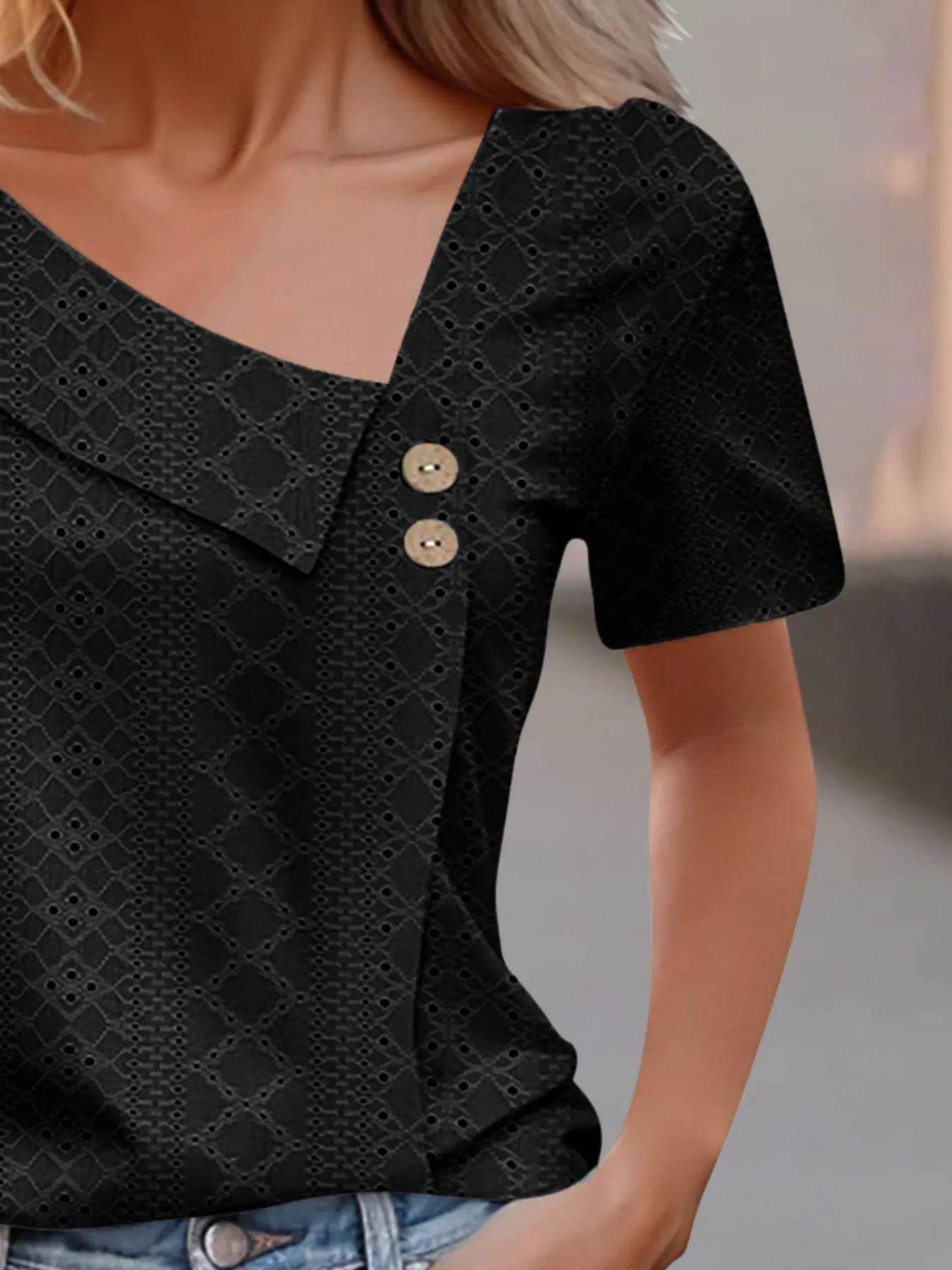 Eyelet Asymmetrical Short Sleeve T-Shirt - Byyde