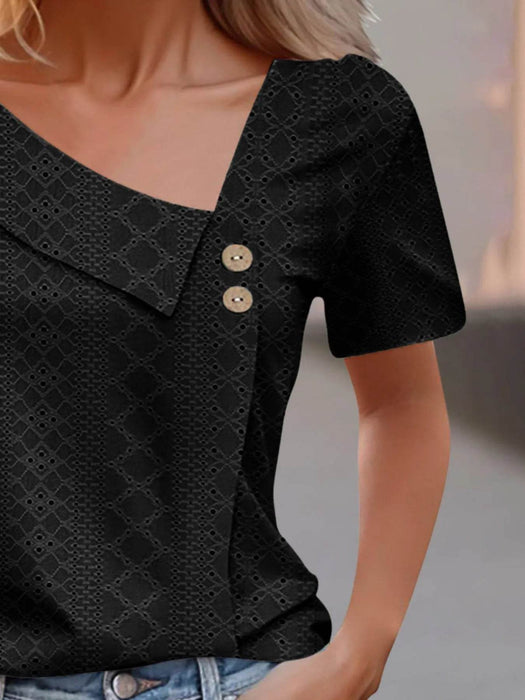 Eyelet Asymmetrical Short Sleeve T-Shirt - Byyde